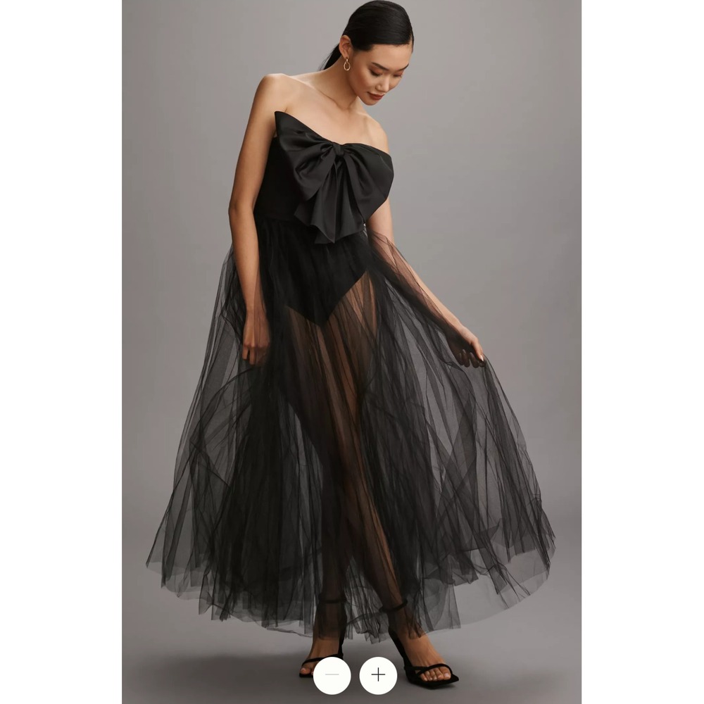 Anthropologie x Hutch - Black Strapless Maxi Dress Large Bow Bodysuit Sheer Sexy - Picture 1 of 8